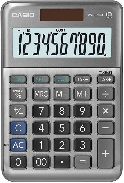 CASIO Tischrechner MS-100FM, Solar-/Batteriebetrieb, 10-stellig, LC-Display, grau, MS-100FM