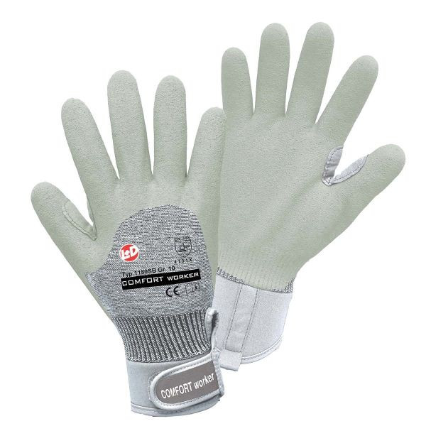 L+D COMFORT worker Handschuhe Baumwolle/Elasthan, gesandete PPU Beschichtung, Chloroprenkautschuk Stulpe und Klett, Größe: 8, VE: 120 Paar, 1180-8