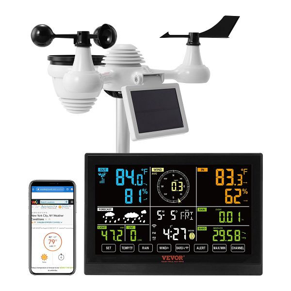 VEVOR Profi WLAN-Wetterstation 7-in-1 solarbetrieben Wettercenter 7,5-Zoll-Display 150m Übertragungsreichweite, TYNQ75VAWIFI7T9PDV2