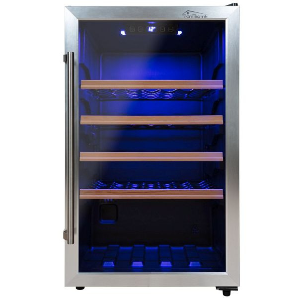 TroniTechnik Weinkühlschrank, Getränkekühlschrank, Minibar, leise, 126 Liter, 63 Flaschen, Edelstahl-Optik, LED Licht & Holzeinschübe freistehend, 4604