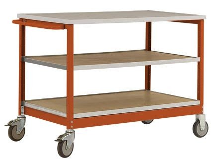 Manuflex Mobile Werkbank Modell 2 mit lichtgrauer Melamin-Abdeckplatte 22 mm BxTxH 1135 x 590 x 802 mm, rotorange, MW1007.2001