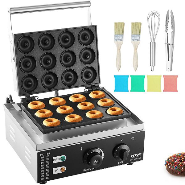 VEVOR Elektrischer Donutmaker, 1550 W mit Antihaftbeschichtung, 12-Loch-Waffelmaschine mit Doppelseitiger Heizung für 12 Donuts, XXSYTTQJ1550L3I78V2