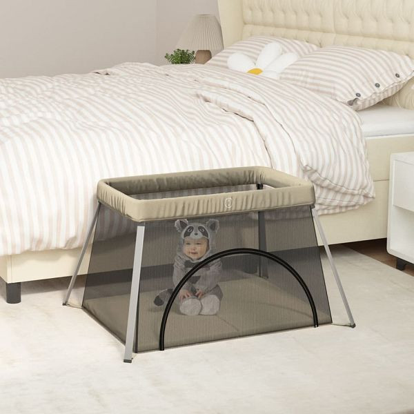 vidaXL Baby-Laufstall mit Matratze Taupe Leinenstoff, 10303