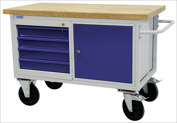 ADB Mobile Werkbank "Typ Tischwagen" mit 1 Tür und 4 Schubladen, 840x1300x600 mm, Farbe Tischwagen: lichtgrau, Farbe Tür/Schubladen: Lichtblau, 42742