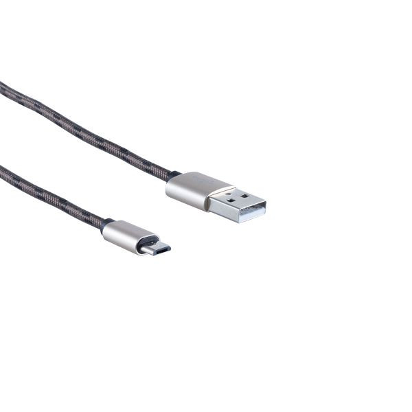 S-Conn USB Ladekabel, USB-A-Stecker auf USB Micro B Stecker, Nylon, braun, 2m, 14-50082