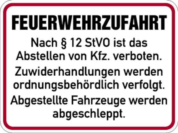 Schilder Klar Hinweisschild Feuerwehrzufahrt nach § 12 StVO, 400x300x0.6 mm Aluminium geprägt, 135/53