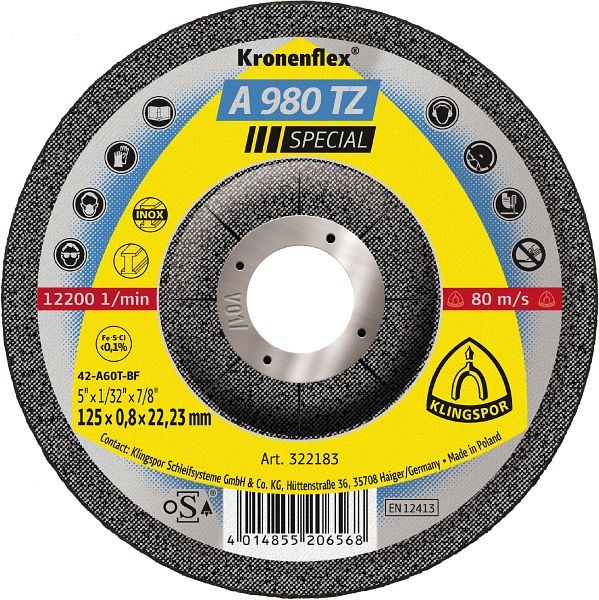 Klingspor A 980 TZ Trennscheiben 125 x 0,8 x 22,23 mm gekröpft, VE: 25 Stück, 322183