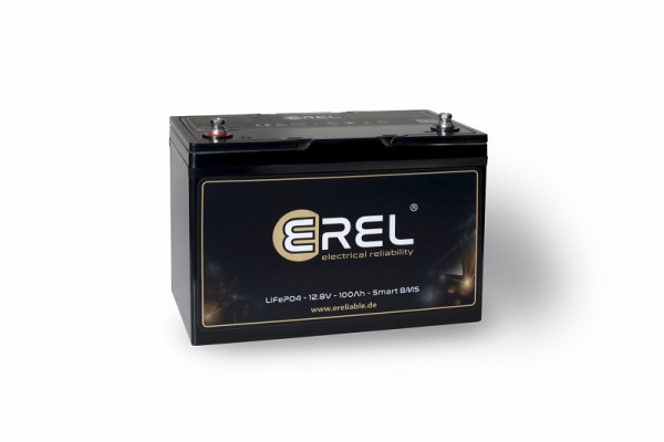 EREL 12,8V LiFePO4 Lithium Speicher- und Versorgungsbatterie 100Ah 1280Wh mit App-Überwachung, ER-12V100BT6