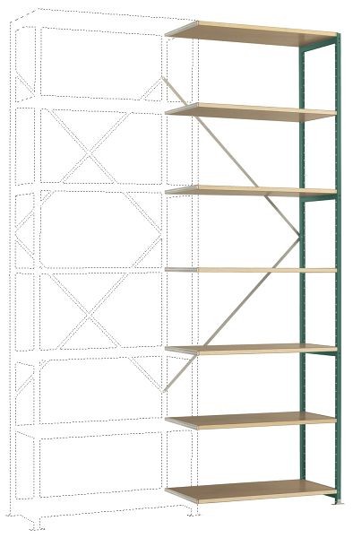 Manuflex Schweres Fachboden-Steckregal Anbauregal mit 7 Holzverbundböden, HxBxT = 3000 x 1000 x 600 mm, graugrün, RP1713.0001