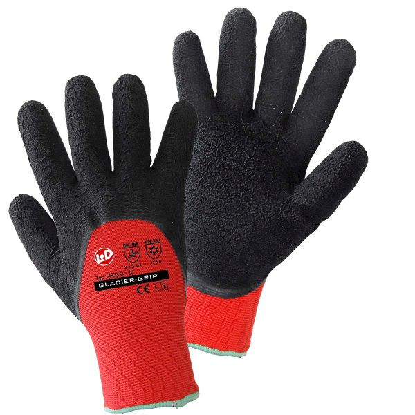 L+D GLACIER-GRIP Winterhandschuhe aus Hi-Elastik Polyester, rot 3/4 geschäumter Latexbeschichtung, weiches Innenfutter, Größe: 10, VE: 144 Paar, 14933-10