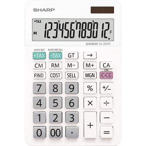 SHARP Tischrechner SH-EL334W - Solar-/Batteriebetrieb, 12-stellig,LC-Display, weiß, SH-EL334W