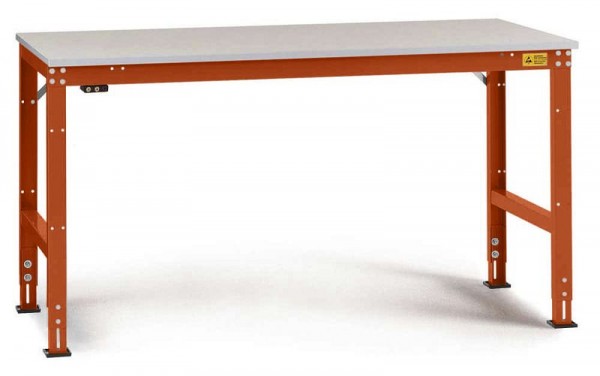 Manuflex ESD-Arbeitstisch UNIVERSAL Standard Grundtisch mit Melaminplatte, BxTxH = 1500 x 800 x 763-873 mm, Rotorange, LU4058.2001