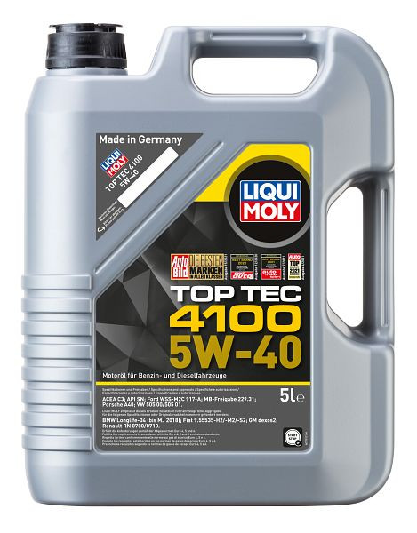 LIQUI MOLY Leichtlaufmotoröl, Top Tec 4100 5W-40, VE: 4 Stück à 5 Liter, 3701