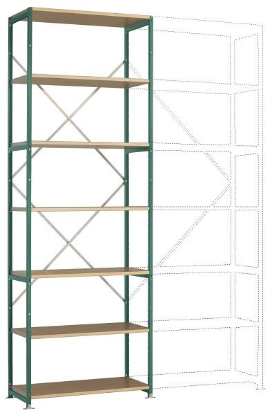 Manuflex Schweres Fachboden-Steckregal Grundregal mit 7 Holzverbundböden, HxBxT = 3000 x 1030 x 600 mm, graugrün, RP1613.0001