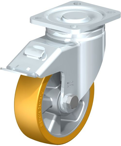 Blickle LH-ALTH 125K-1-FI Stahlblech-Lenkrolle, Schwerlast-Ausführung, mit Anschraubplatte & Feststeller, Blickle Extrathane®, Hellbraun, 606210