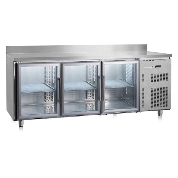 Marecos Softline Edelstahl Kühltisch 600mm tief mit 3 Glastüren und Aufkantung, 222.018