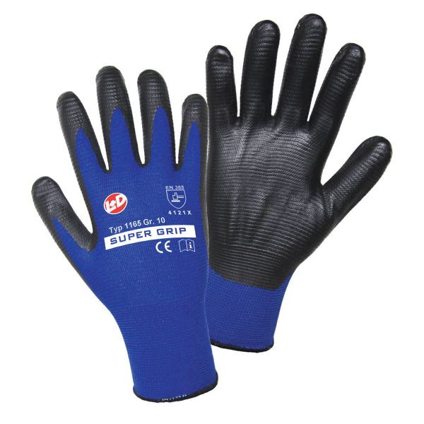 L+D SUPER GRIP Feinstrickhandschuhe aus blauem Nylon mit schwarz Super Grip Nitrilbeschichtung, Größe: 10, VE: 120 Paar, 1165-10