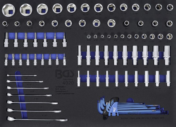 BGS Werkstattwageneinlage 3/3: Steckschlüssel-Einsätze / Maul-Ringschlüssel, Zollgrößen, 90-teilig, 4020