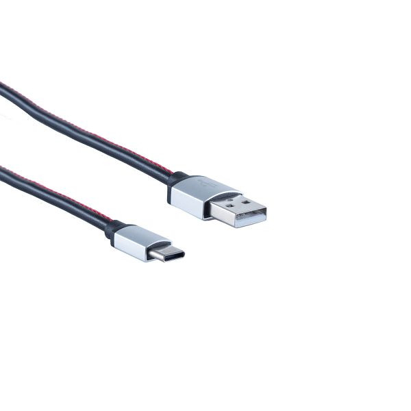S-Conn USB Ladekabel, USB-A-Stecker auf USB Typ C Stecker, Leder, schwarz, 2m, 14-50108