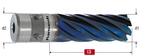 Karnasch HSS-XE+DURABLUE-beschichteter Kernbohrer, Fein Quick-In Schaft 18mm, Nutzlänge 40mm, Blue-Line40 d=40mm, 201146040