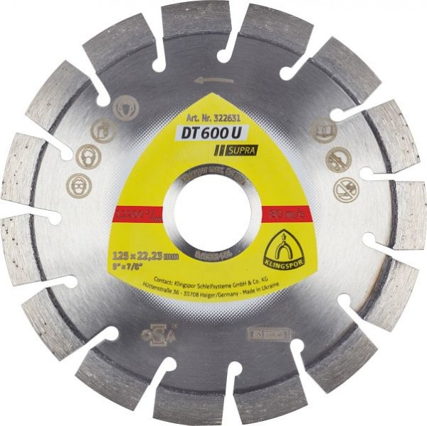 Klingspor DT 600 U Diamanttrennscheiben 125 x 2,4 x 22,23 mm 15 Segmente 20 x 2,4 x 9 mm Kurzverzahnung, für Winkelschleifer, 322631