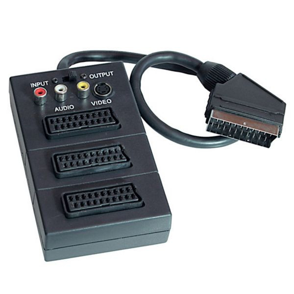 S-Conn Adapter, Scart-Stecker auf 3 x Scart-Kupplung, S-VHS-Kupplung, 3 Cinchkupplungen, IN/OUT mit Schalter, 0,2m, 94038