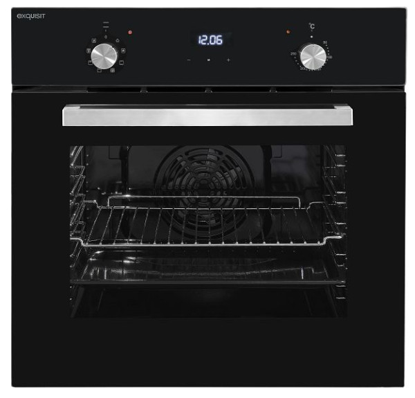 Exquisit Elektro-Einbaubackofen, Grill, Timer, Seitengitter, Heißluft, Ober-/Unterhitze, Multifunktion, Schwarz, EBE 657-2H sw, 0490106