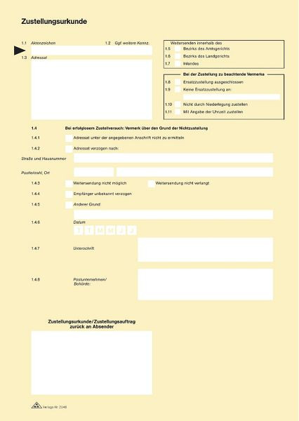 RNK Zustellungsurkunde, 2 Seiten, DIN A4, 80g/qm, 2046