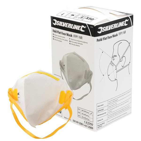 Silverline FFP-1-NR-Atemschutzmasken, flach gefaltet, Verkaufsdisplay, 50er-Packung, FFP1 NR, 633532