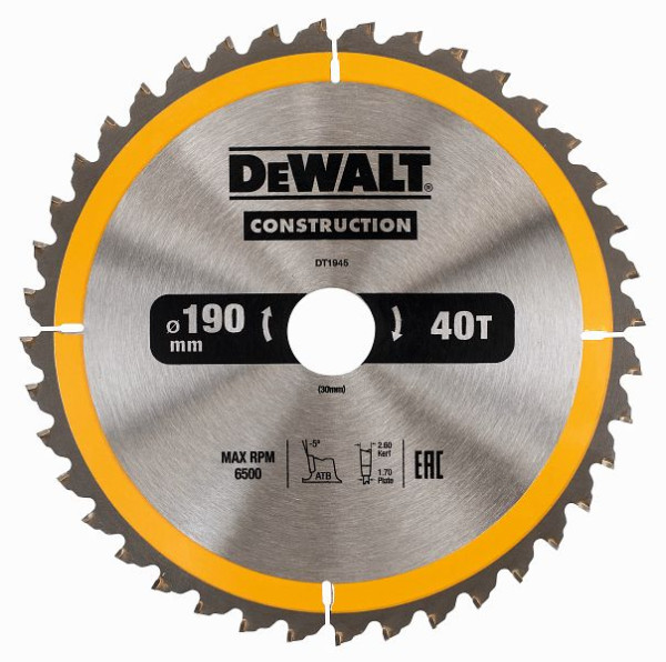 DeWalt Kreissägeblatt Handkreissäge 190/30mm 40WZ, DT1945-QZ