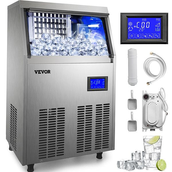 VEVOR Kommerzielle 70 kg Eismaschine 220 V Edelstahl mit Ablaufpumpe und LCD Bildschirm, ZBJ70KGSYPPSB0001V2