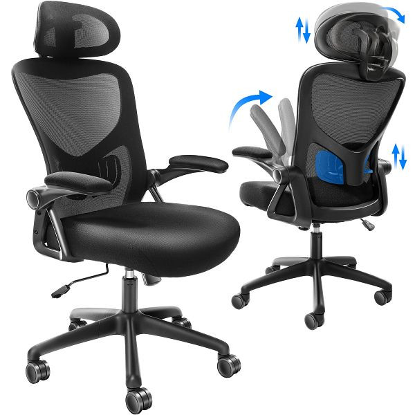 VEVOR Bürostuhl Ergonomisch, Schreibtischstuhl mit Verstellbarer Kopfstütze 60 mm, mit Armlehnen Lendenwirbelstütze, XZKBYSJYTKDTOZ4K4V0