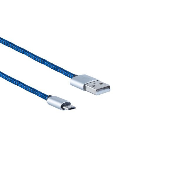 S-Conn USB Ladekabel, USB-A-Stecker auf USB Micro B Stecker, Nylon, blau, 2m, 14-50023