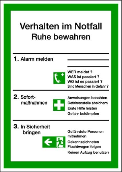 Schilder Klar Aushang Verhalten im Notfall, 210x297x1.5 mm Kunststoff, 1128/71